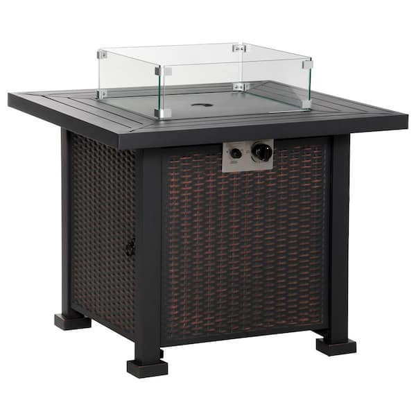 Outsunny Rectangular Stone Propane Gas Fire Pit Table with Glass Wind Guard