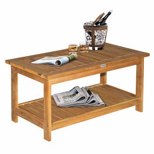 Outdoor Coffee Table 2-Shelf Acacia Wood Rectangular Buffet Storage Organizer Natural Finish Teak