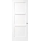 28 in. x 80 in. 3-Panel Equal Shaker White Primed Solid Core Wood Interior Door Slab With Bore