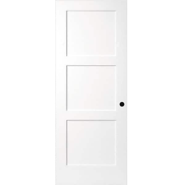 Steves & Sons 30 in. x 80 in. 3-Panel Equal Shaker White Primed Solid Core Wood Interior Door Slab With Bore