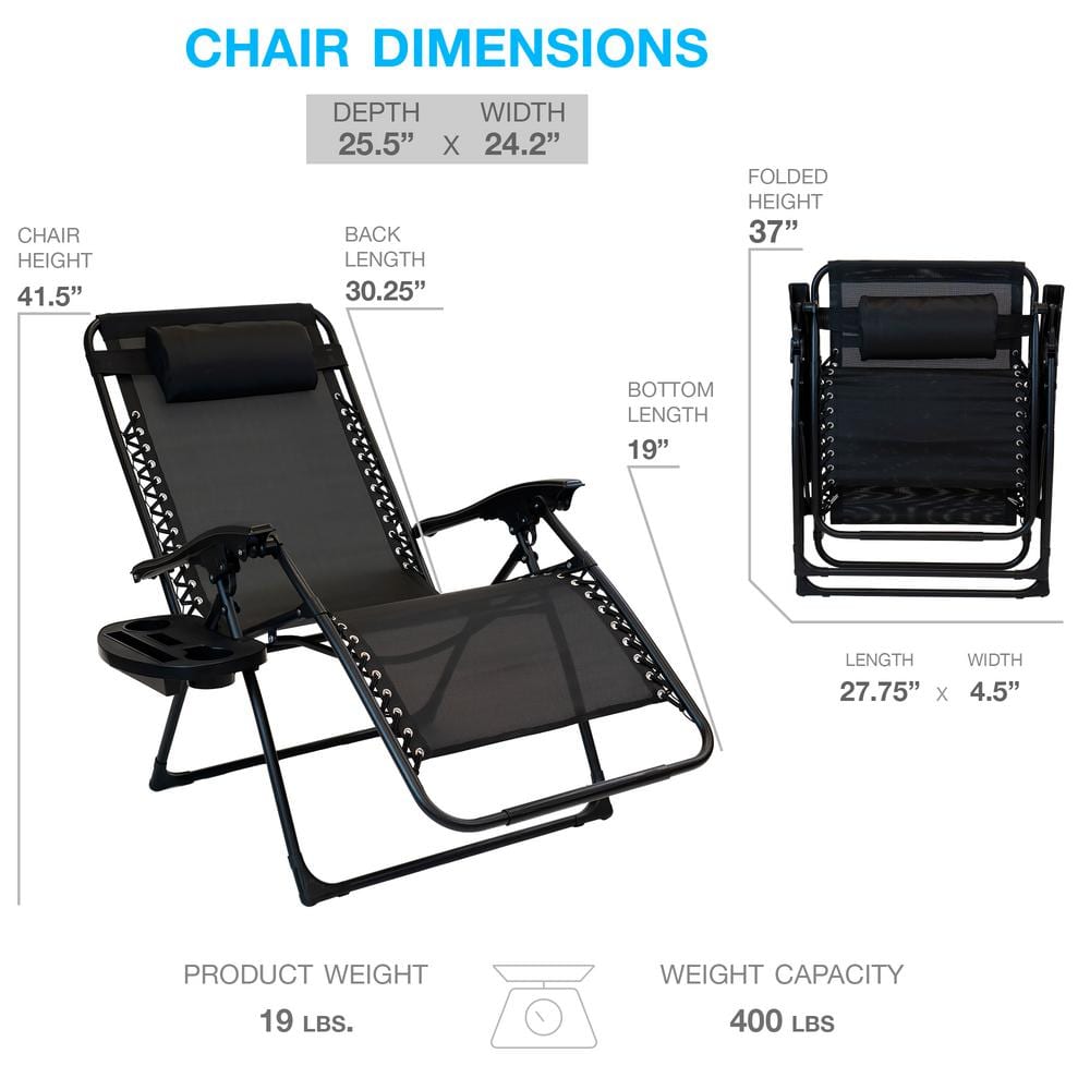 Oversized Black Steel Zero Gravity Outdoor Lounger with Cushion