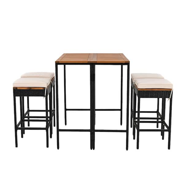 Unbranded 5-Piece Acacia Wood Bar Height Outdoor Dining Set with 4 Stools & Beige Cushion High-Dining Bistro Set Foldable Tabletop