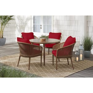 Coral Vista 5-Piece Brown Wicker and Steel Outdoor Patio Dining Set with CushionGuard Chili Red Cushions