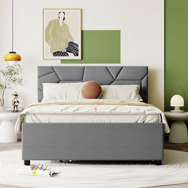 Gray Wood Frame Full Upholstered Platform Bed with Brick Pattern Headboard and Twin Size Trundle