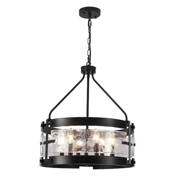 18.9 in. 6-Light Matte Black Drum Chandelier with Glass Shade and No Bulbs Included For Dinning Room Foyer