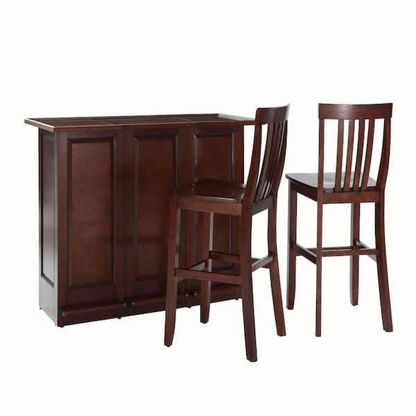 Crosley 48-3/4 in. W Mobile Folding Bar with Two 30 in. School House Bar Stools in Mahogany