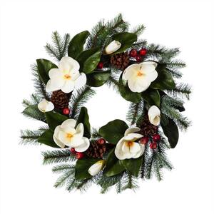 25 in. Artificial Magnolia Wreath with Berries and Pinecones