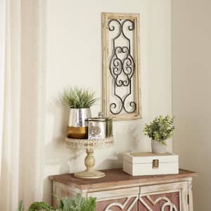 10 in. x  25 in. Wood White Window Inspired Scroll Wall Decor with Metal Scrollwork Relief