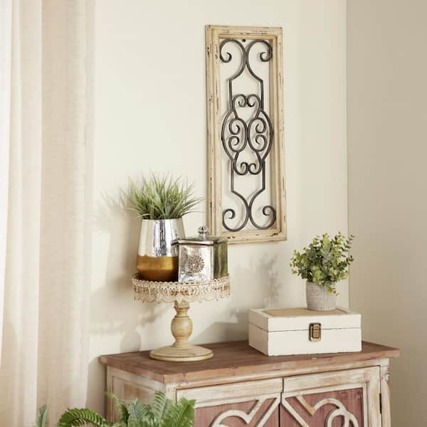 10 in. x 25 in. Wood White Window Inspired Scroll Wall Decor with Metal Scrollwork Relief