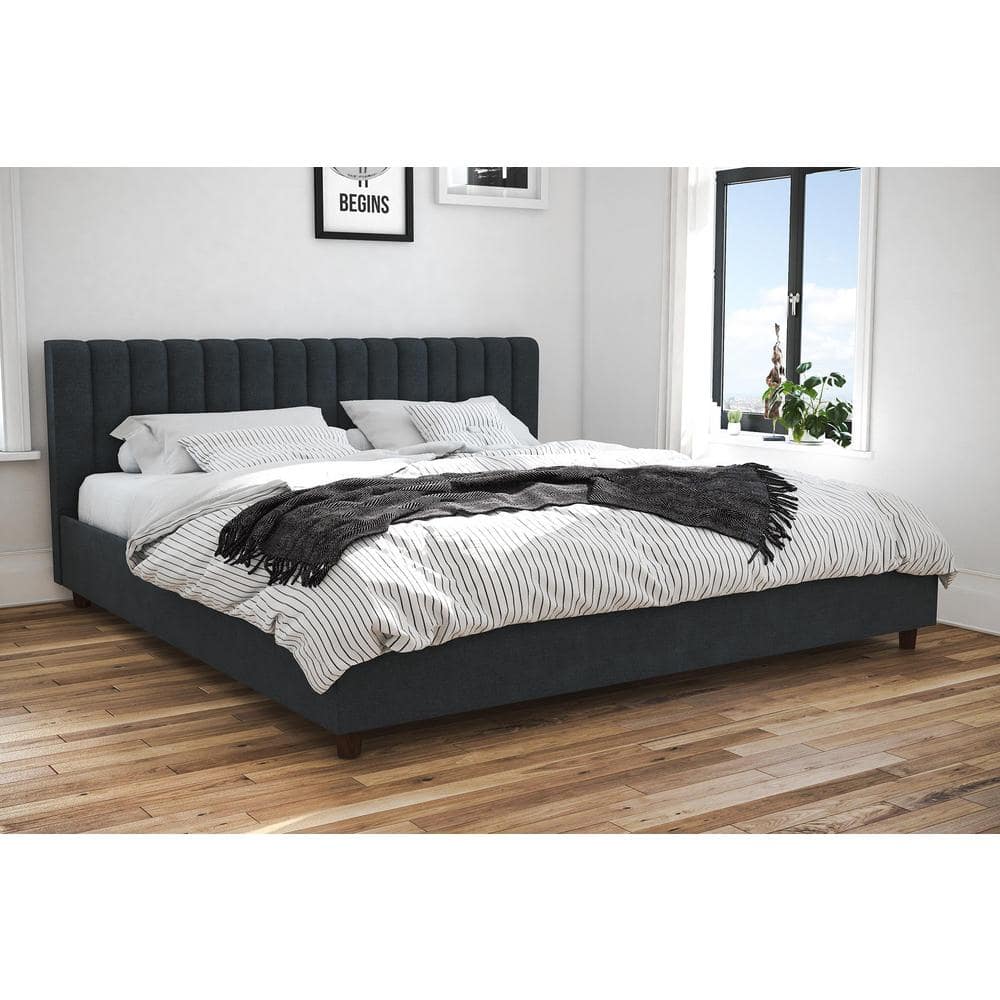 Brittany Blue Linen King Upholstered Platform Bed with Tufted Headboard