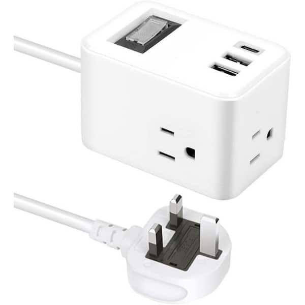 3-Outlet Travel US to UK Plug Adapter with 3 USB Ports in White