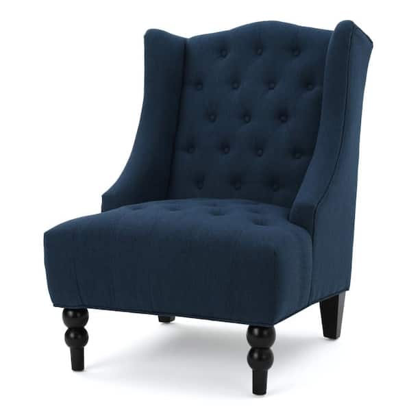 Benjara Todd Navy Blue and Brown Fabric Accent Chair with Button Tufted
