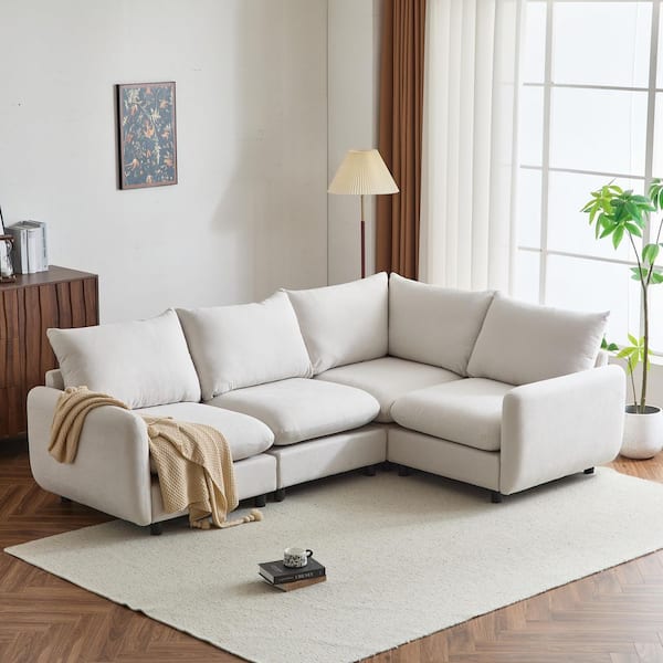 Willow 99.5 in. Modern 4-Seater Fabric Upholstered Solid Wood L-Shape Modular Sectional Sofa in White Sand
