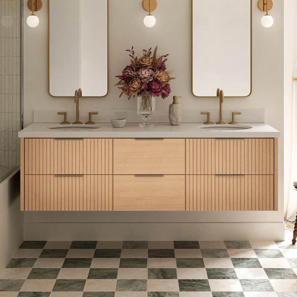 ARIEL Lucia 72 in. Double Sink Floating Bathroom Vanity in Oak