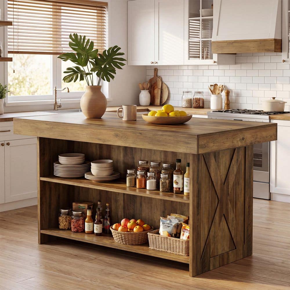 Halseey Rustic Brown Wood 55 in. Kitchen Island with Storage Shelves ...