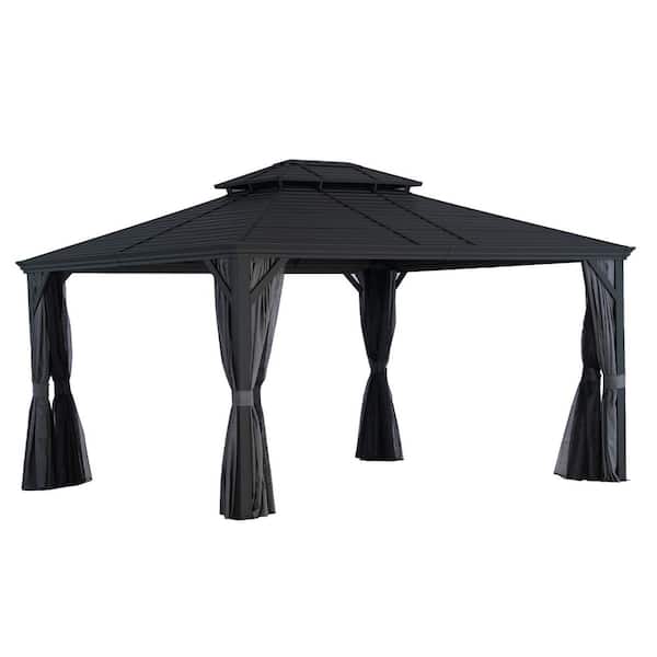 UNISOAR 12 ft. x 14 ft. Dark Gray Aluminum Hardtop Gazebo with Double Roof Canopy, Gray Curtains and Netting