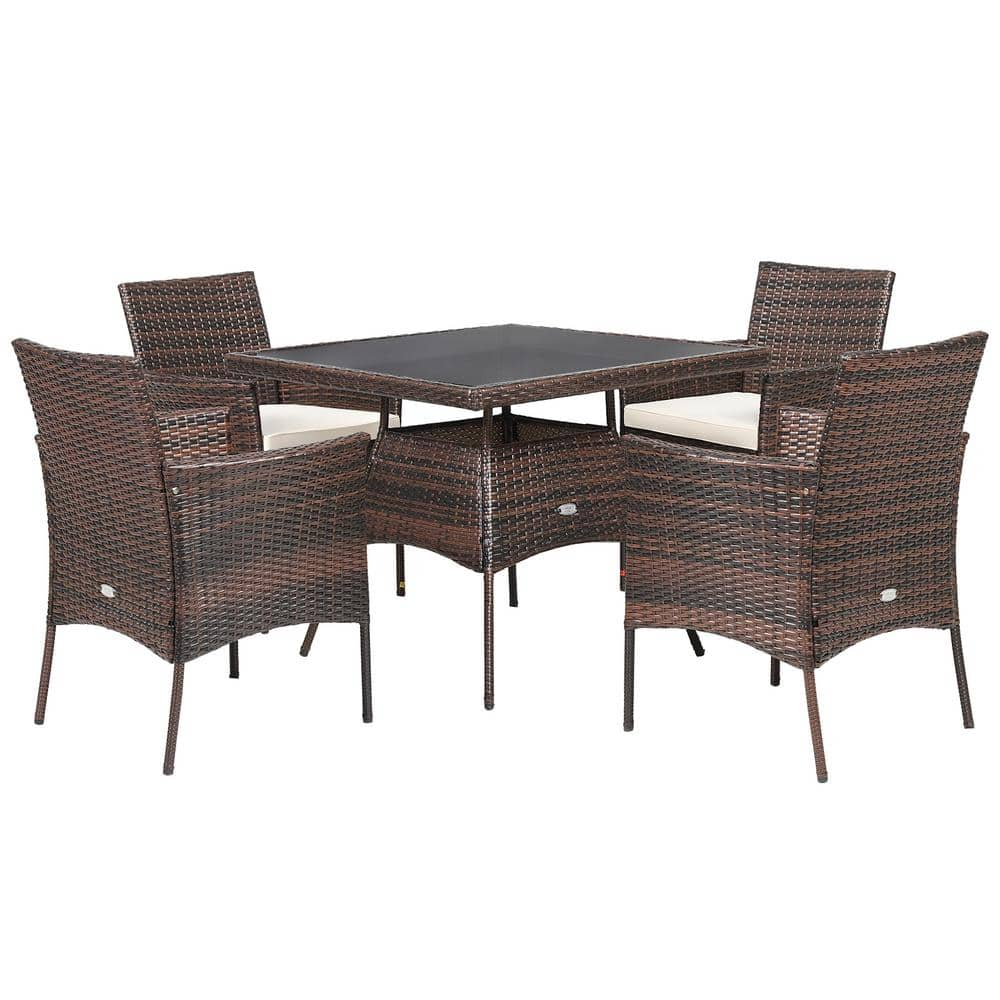 5 Piece Wicker Square Outdoor Dining Set Patio Conversation Set Chair & Glass Table with White Cushions -  HONEY JOY, TOPB004787