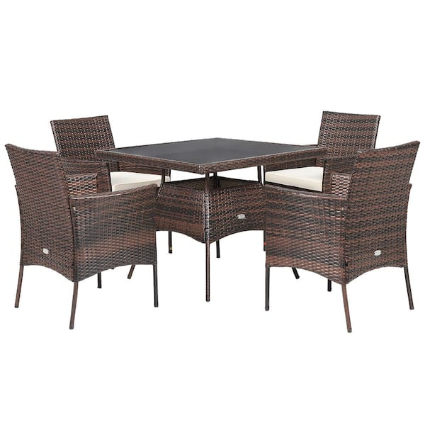 HONEY JOY 5 Piece Wicker Square Outdoor Dining Set Patio Conversation Set Chair & Glass Table with White Cushions