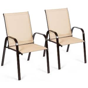 Brown Frame with Beige Seat Back Support Metal Outdoor Dining Chair with Armrest (2-Pack)
