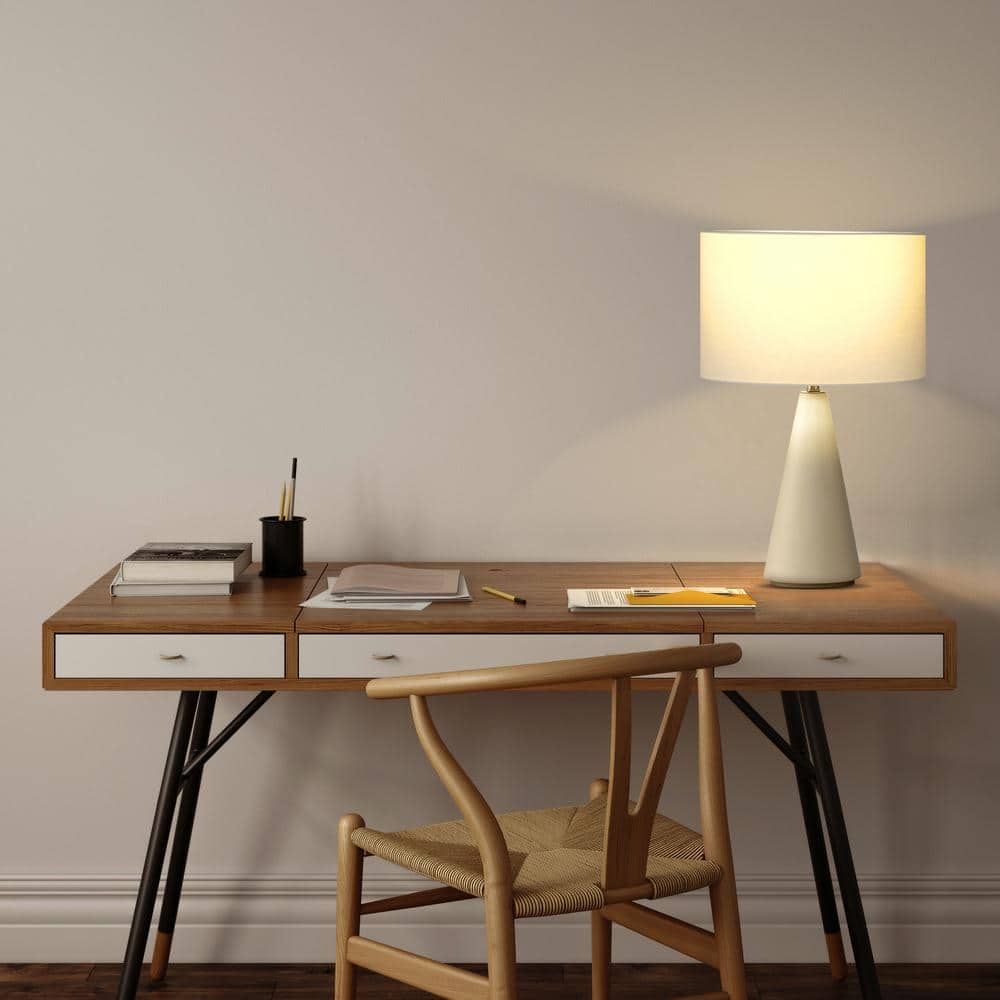 Nathaniel 20" White Cement LED Table Lamp with Cotton Drum Shade