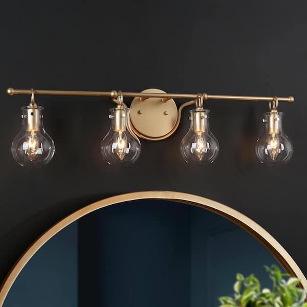 LNC 29 in. Modern Gold 4-Light Vanity Light with Clear Glass Globes Transitional Bathroom Sconce Powder Room Wall Light