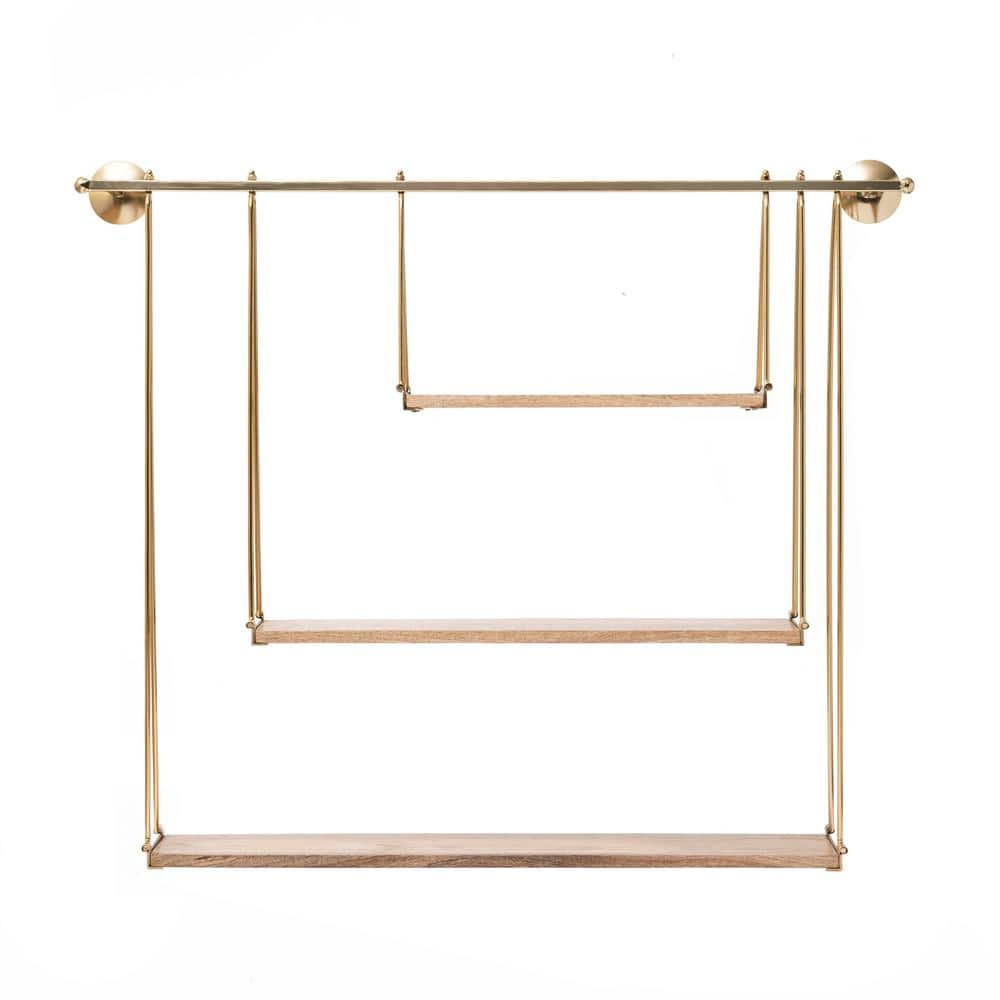 Luna 6 in. x 37 in. 31.5 in. Gold and Natural Wood Decorative Shelves