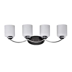 31 in. 4-Light Black and Chrome Finish Vanity Light with White Etched Glass Shades
