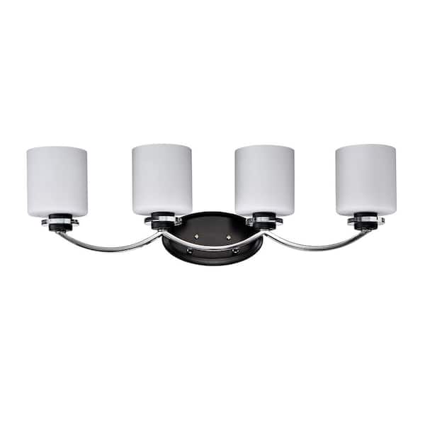 Edvivi 31 in. 4-Light Black and Chrome Finish Vanity Light with White Etched Glass Shades
