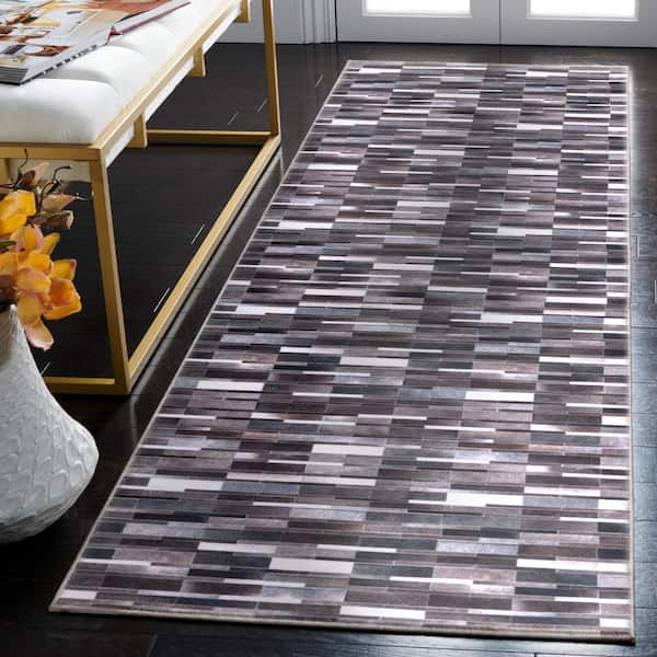 Faux Hide Ivory/Gray 3 ft. x 8 ft. Machine Washable Plaid Geometric Runner Rug