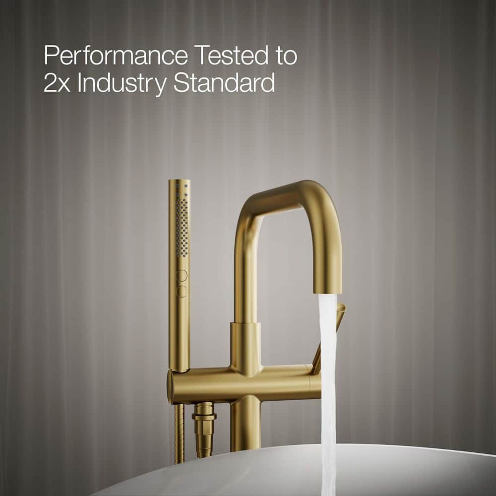 Vibrant Brushed Brass Floor-Mount Bath Filler with Handshower