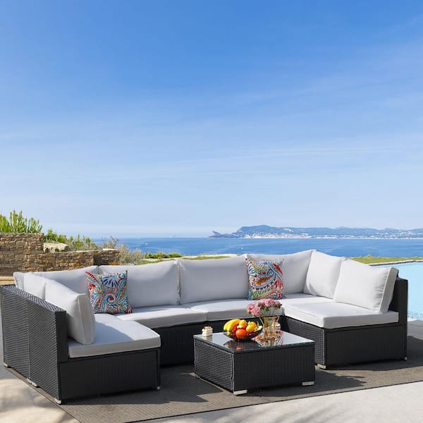Cesicia Black Frame 7-Piece Wicker Patio Conversation Set with Beige Cushions Pillows and Glass Table