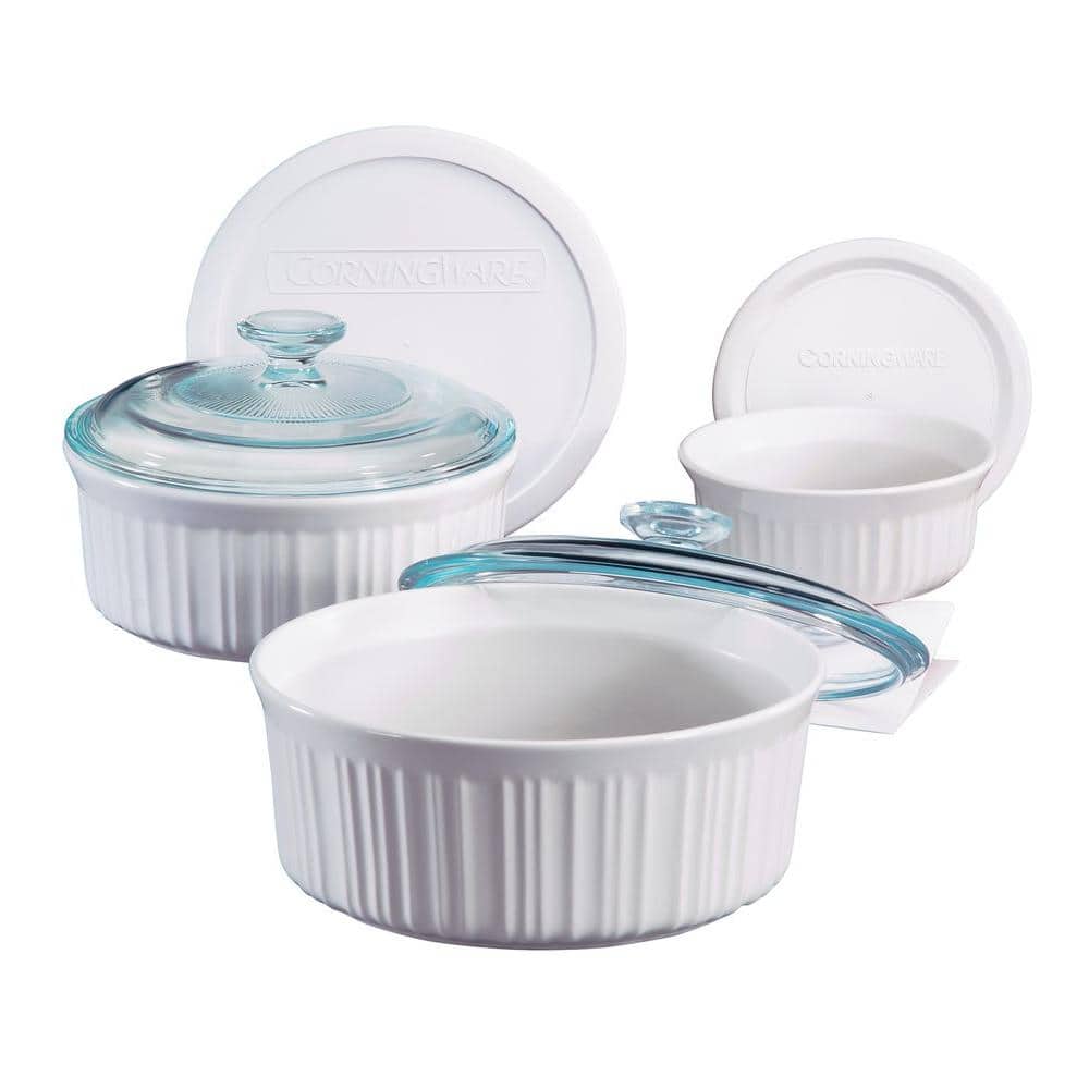 White Stoneware 6-Piece Bakeware Set with Glass and Plastic Lids