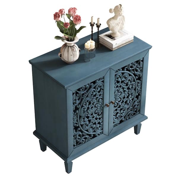 Euclid Vintage 31.5 in. W Antique Blue MDF Wood Buffet Sideboard Storage Cabinet with Brass Handles Adjustable Shelf