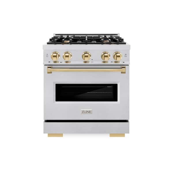 Autograph 30 in. Classic Gas Range with 4 Burners and Convection Gas Oven in Satin Steel and Polished Gold Accents