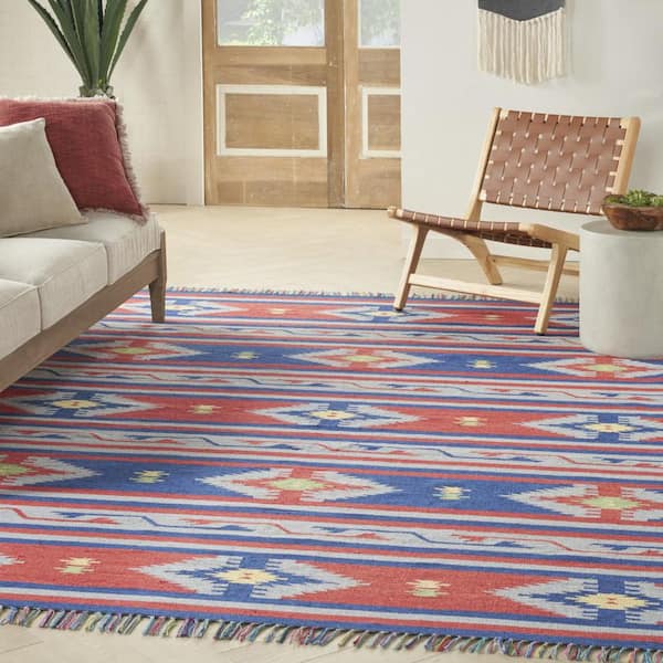 7 ft. x 10 ft. Blue Southwestern Handmade Area Rug with Fringe
