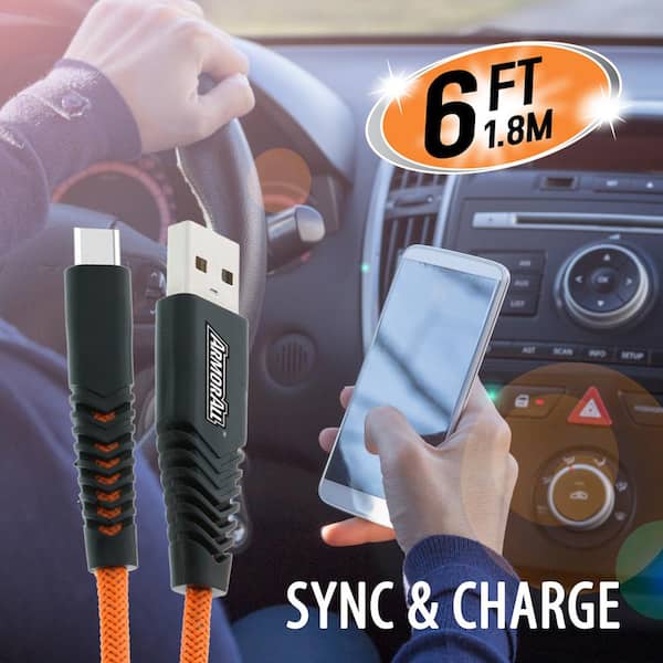 Armor All USB Type-C Cable Sync & Charge (1, 2 or 4 Pack) 6-Ft Single, Orange