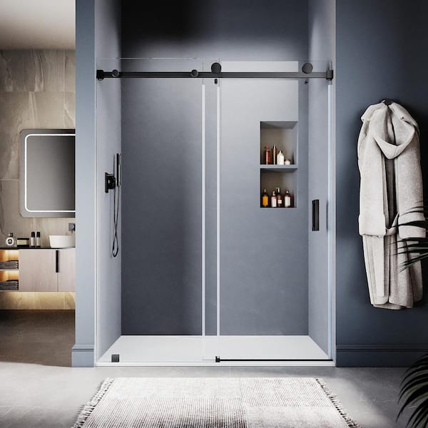 UNIKOO UKS05 56 to 60 in. W x 76 in. H Sliding Frameless Shower Door in Matte Black, EnduroShield 3/8 in. SGCC Clear Glass