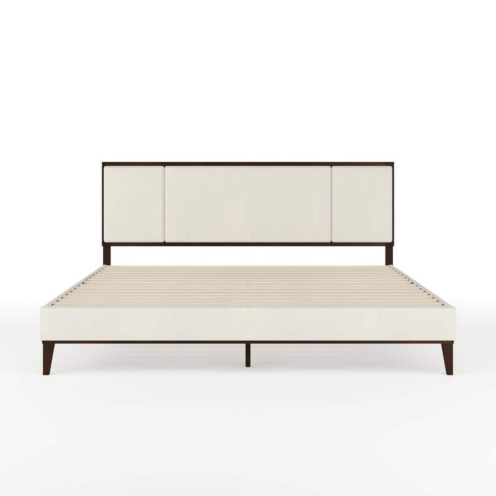 King Dark Brown Upholstered Wood Frame Platform Bed with Headboard