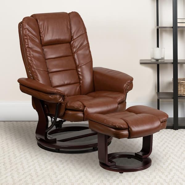 Brown Vintage Bali Contemporary Multi-Position LeatherSoft Recliner Chair w/ Ottoman, Swivel Recliner Chair, Ottoman Set