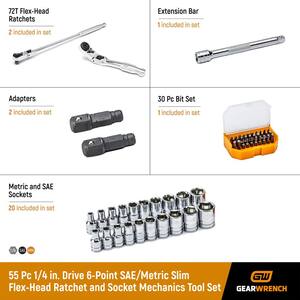 1/4 in. Drive 6-Point SAE/Metric Slim Flex-Head Ratchet and Socket Mechanics Tool Set (55-Piece)