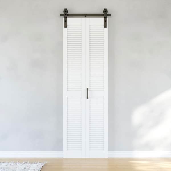 25 in. x 84 in. Solid Core Composite MDF White Finished Louver Closet Bi-Fold Door Sliding Barn Door with Hardware Kit