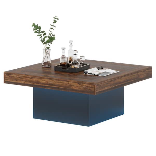 BYBLIGHT Allan 35.43 in. Rustic Brown and Black Square MDF Coffee Low Coffee Table with Adjustable LED Light for Living Room