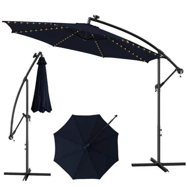 Kadehome 10 ft. Metal 112 Solar-Powered LED Lights Cantilever Patio Umbrella in Navy