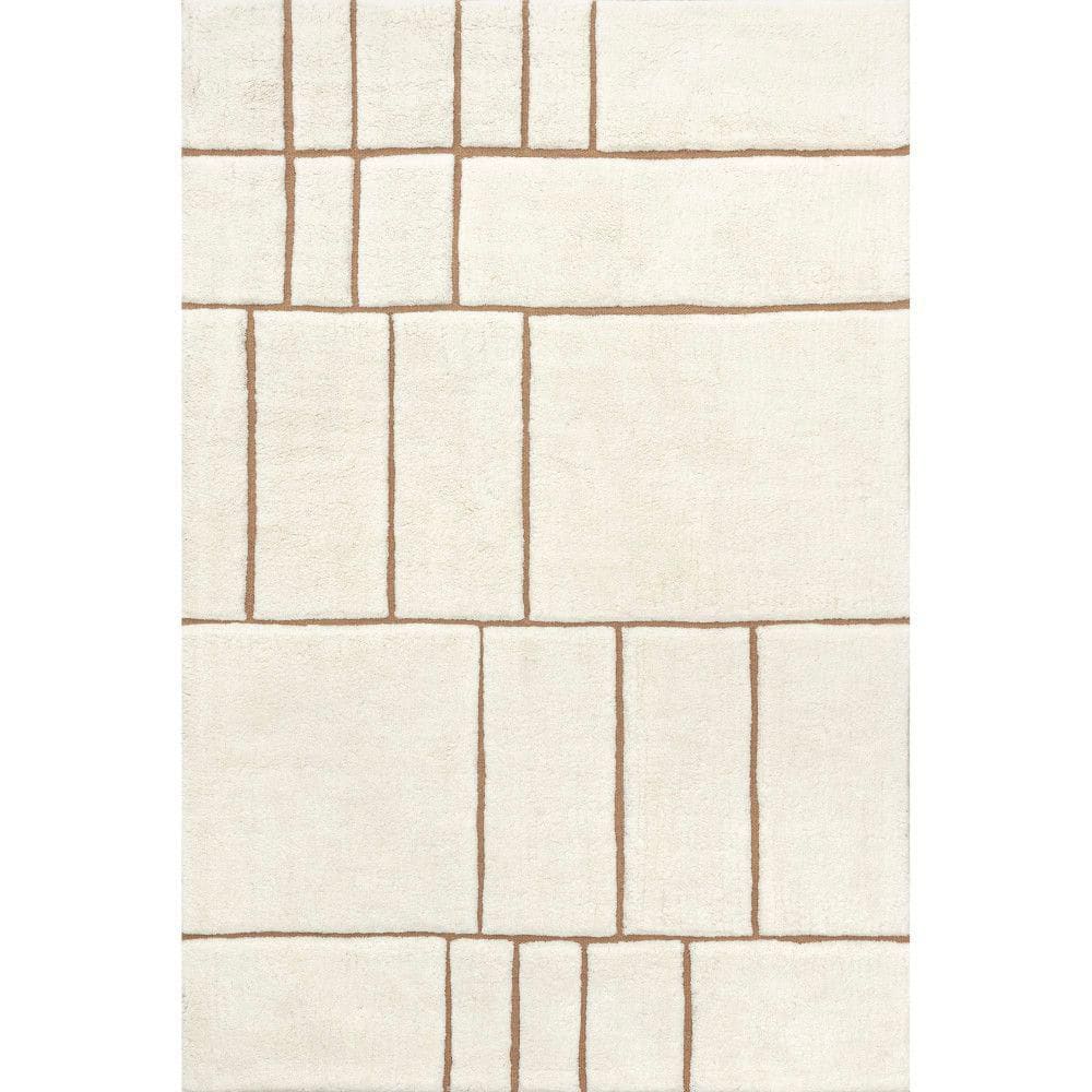 Cream and Brown Geometric Wool 6' x 9' Handmade Area Rug