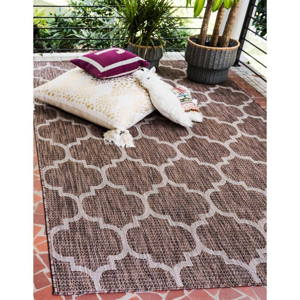Rectangular Easy-Care Outdoor Lattice Brown Rug