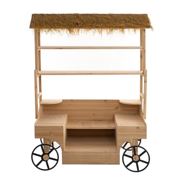 Antique Rustic Solid Wood decor Display Rack Cart Wood Plant Stand 3 Tier with Wheels for Display.