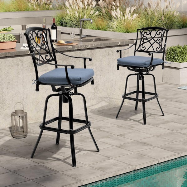 Crestlive Products Swivel Cast Aluminum Outdoor Bar Stool with Sunbrella Blue Cushion (2-Pack)
