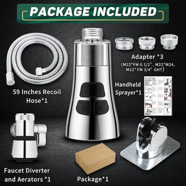 3.34 in. H x 1.9 in. W x 1.9 in. D Sink Faucet Sprayer Set with 59 in. Hose, Water Saving Aerator and Diverter Valve