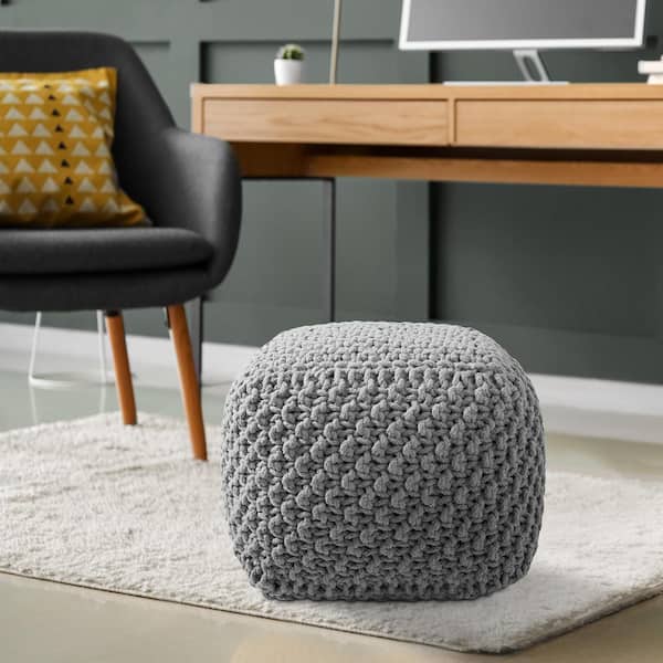 Casafield Light Gray Knit Cotton Square 18.5 in. x 18.5 in. x 14.5 in. Pouf Foot Stool