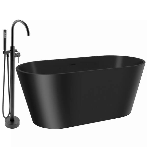 AKDY 66.9 in. Fiberglass Flatbottom Freestanding Bathtub with Tub Filler Combo in Solid Matte Black Inside and Outside